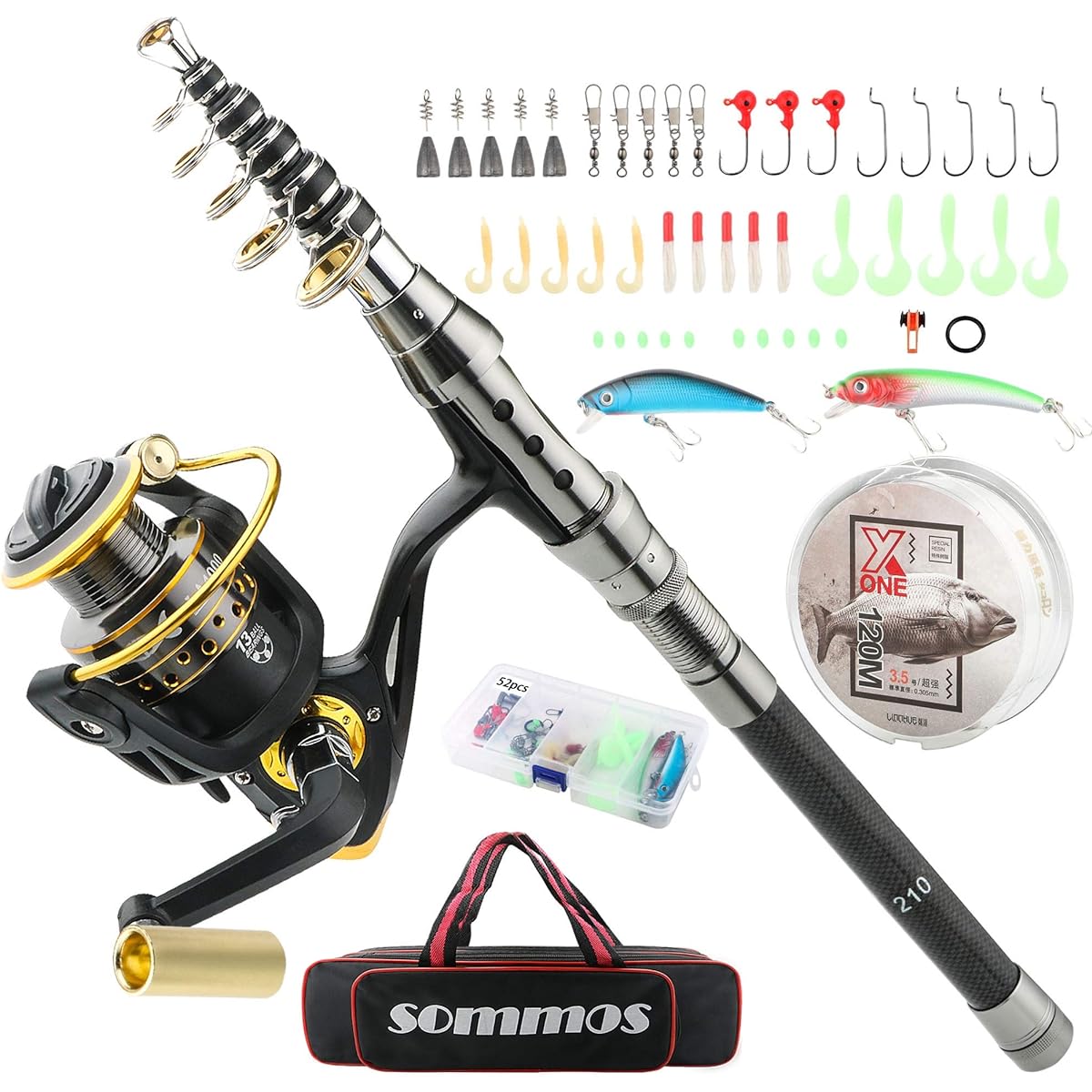 Fishing Set Sommos Fishing Rod Set 2.1m Japanese Beginner's Guide Included Beginner Carbon Telescopic Rod Spinning Reel 52 Pieces Fishing Bait Fishing Hook Set Fishing Line Storage Bag Included Sea Fishing, River Fishing, Freshwater Fishing (Fishing Set)