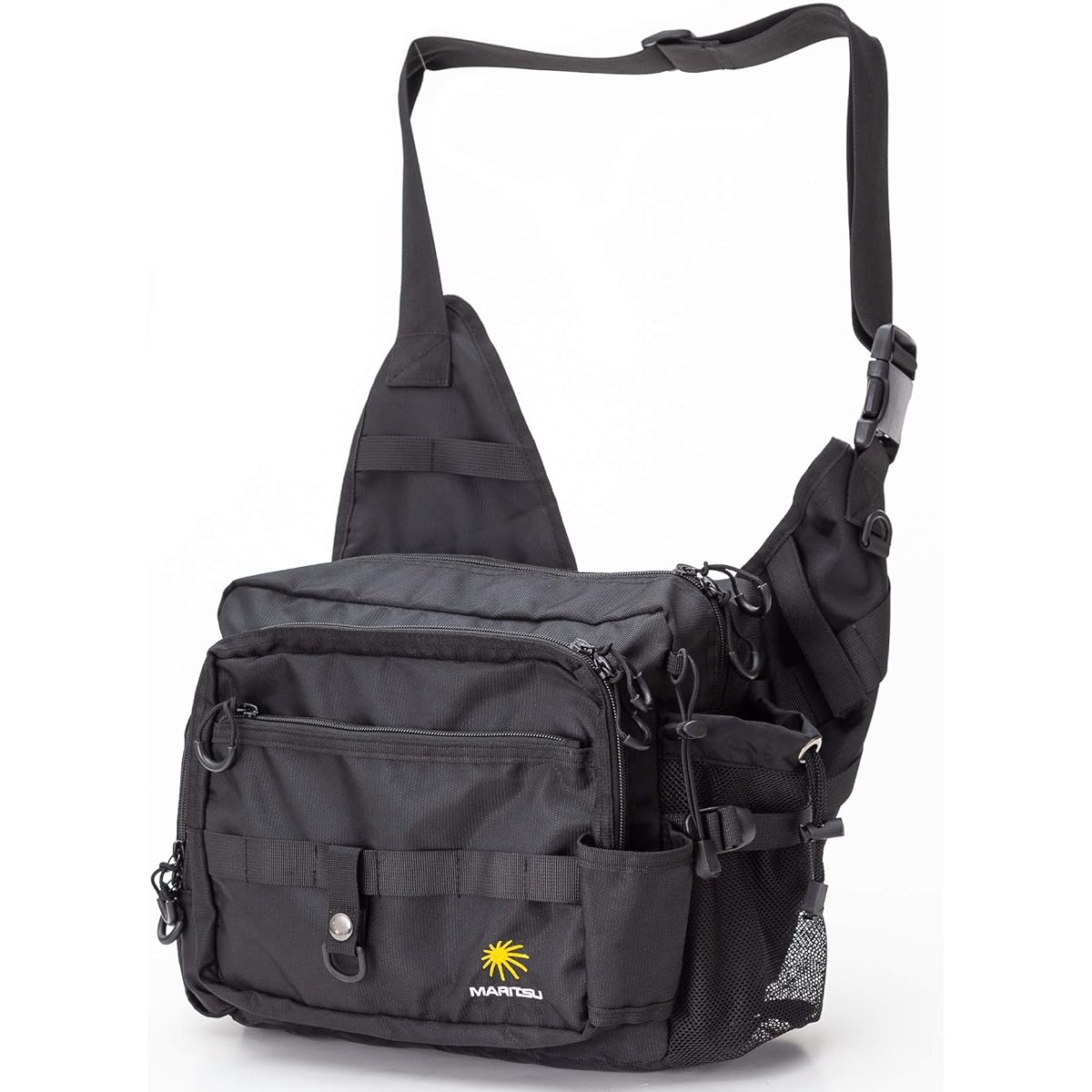 MARITSU Fishing Tackle Bag Shoulder Bag Water Repellent Rod Holder Included Multifunctional Large Capacity (Black No Waist Belt)