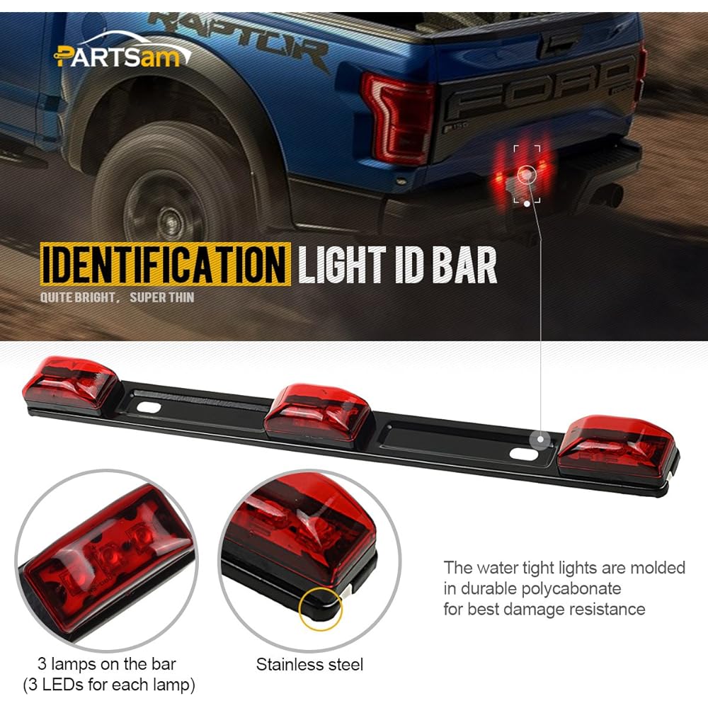 Partsam Red Clearance ID Vermerc Light 3 Light 9 Trailer Sealed Stainless Steel Sealed 3-Light Truck and Trailer Identification LED Light Bar Red Color LED Strip 1 x Red