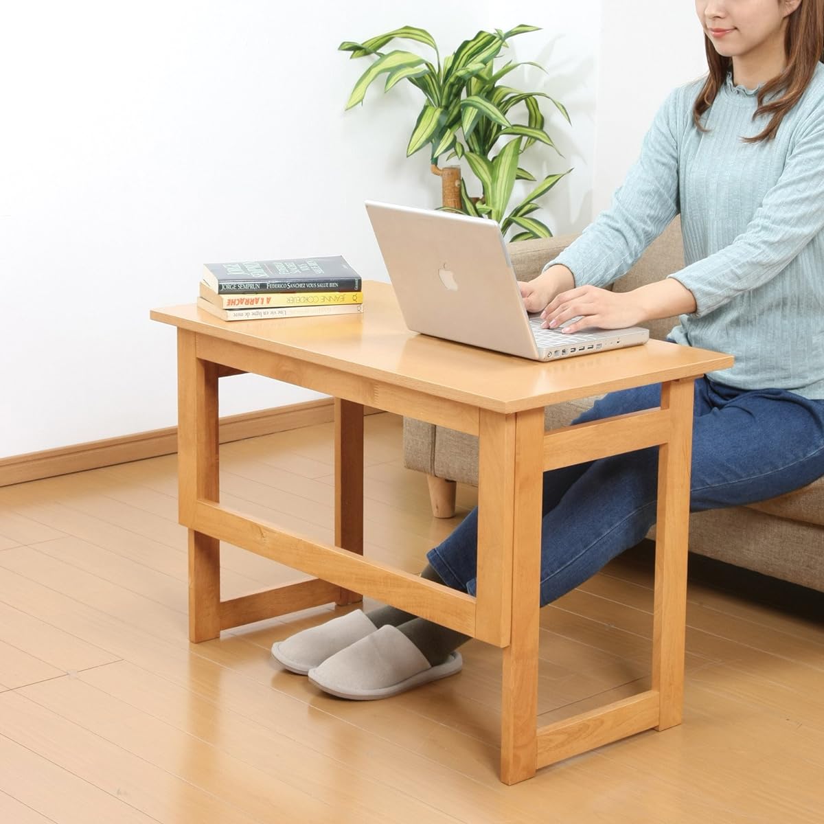 Natural wood folding table, storage possible, no assembly required, finished product (height 69cm, natural)