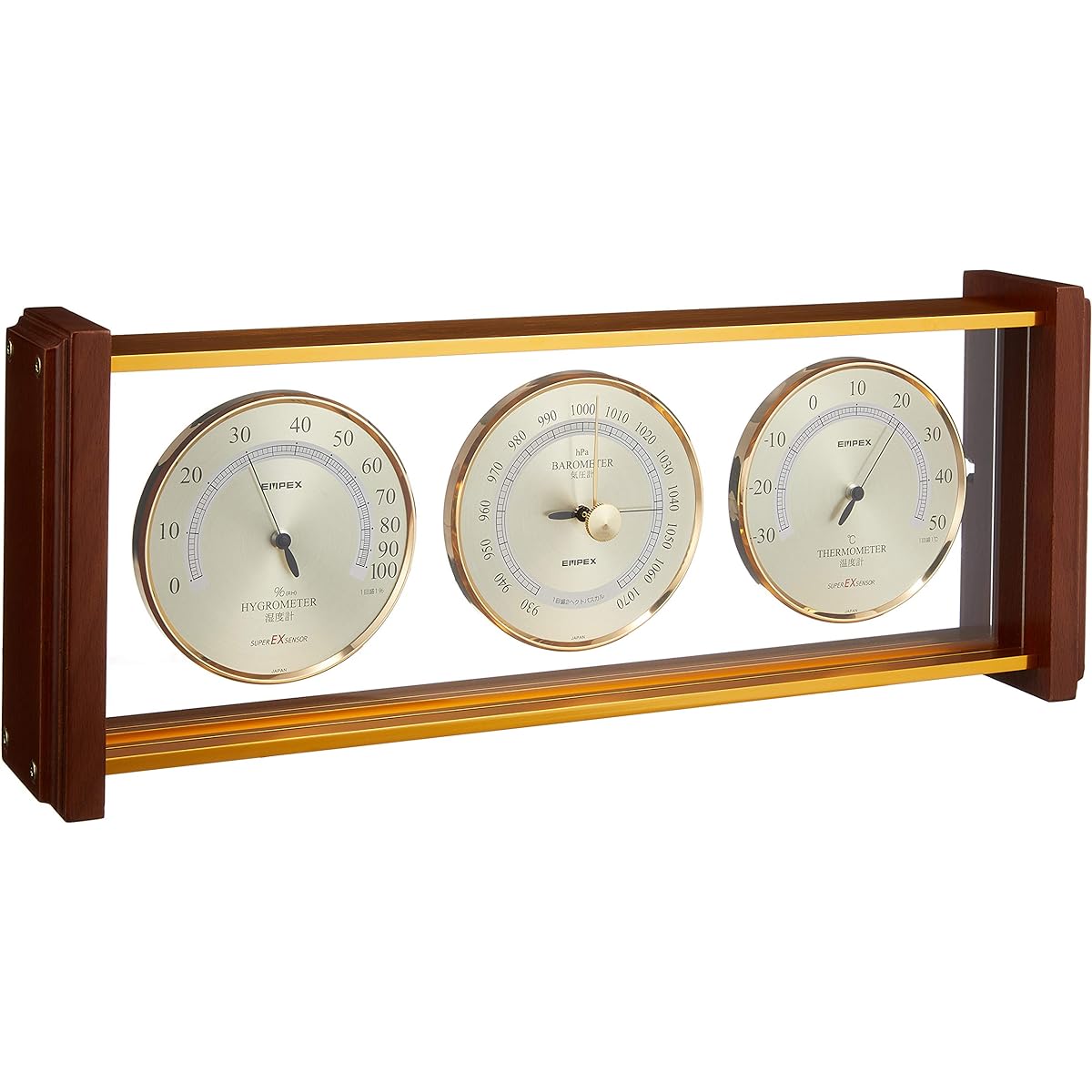 EMPEX Weather Meter Temperature Hygrometer Super EX Gallery Weather Meter Temperature Barometric Humidity Display Stand Made in Japan Brown EX-744 36x14.3x5.5cm