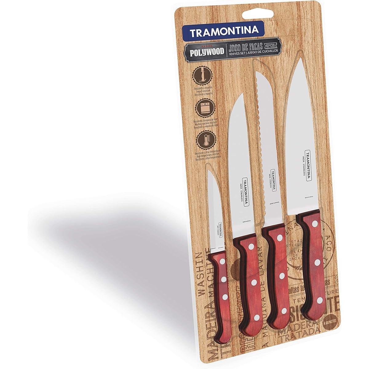 Tramontina Wooden Knife Cutlery Knife Polywood Set of 4 Red Dishwasher Safe Made in Brazil 21199/781 TRAMONTINA