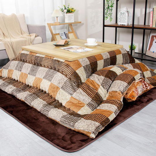 JEMA Kotatsu Futon, Kotatsu Thick Comforter, Kotatsu Futon, Rectangular, Single Comforter, Thick, Reversible, Usable on Both Sides, Moisture Absorbing and Generating, Hollow Cotton, Fluffy, Fluffy, Flannel Material, Approx. 185x235cm, Washable, Check Bro