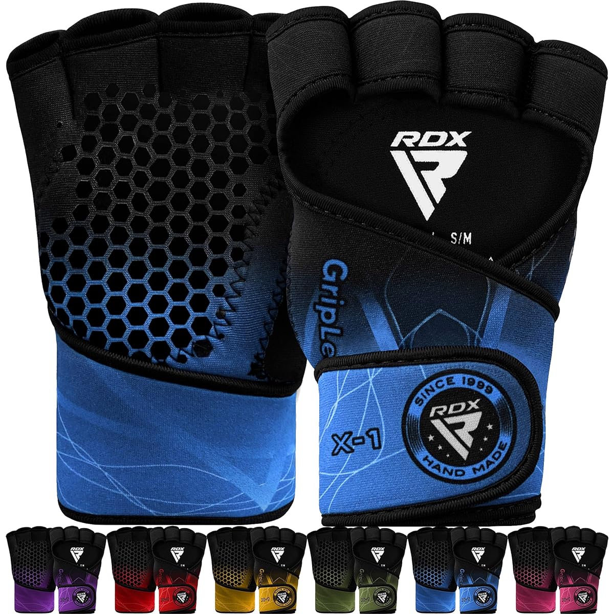 RDX Weightlifting Gloves Fitness Gym Workout Ventilation Open Back Anti-Slip Gripper Strength Training Deadlift HIIT Exercise Women Men Cycling Climbing Gym Rowing (Blue, L/XL)