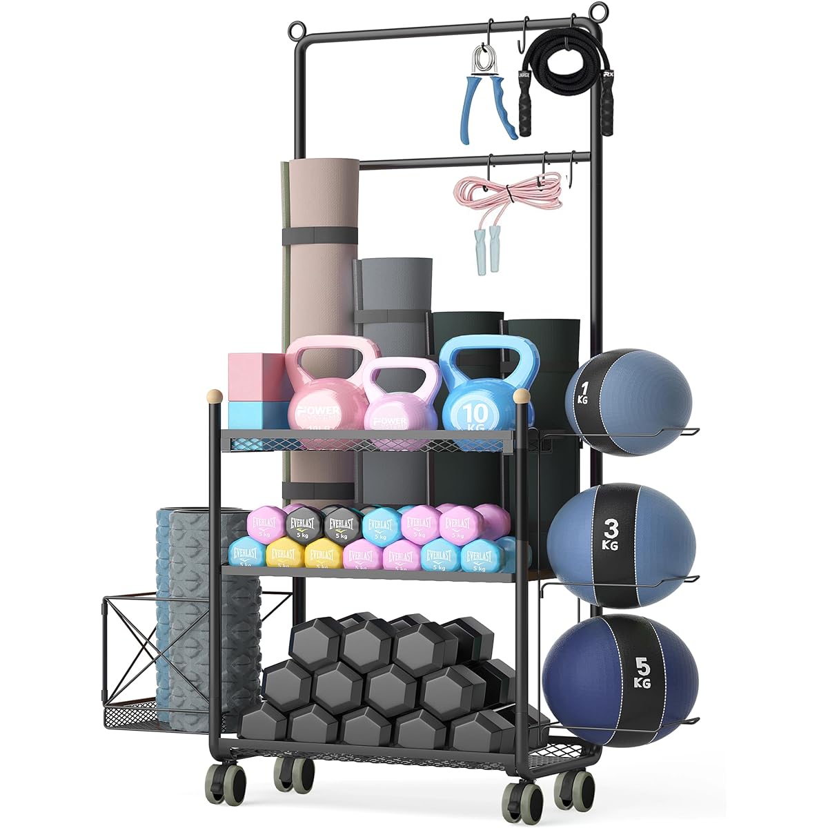 TORIBIO Home Gym Storage Rack 3 Tier Fitness Equipment/Training Equipment/Yoga Mat/Dumbell Storage Rack Easy to Assemble with Wheels Home Gym Rack Garage Yoga Studio Updated Style