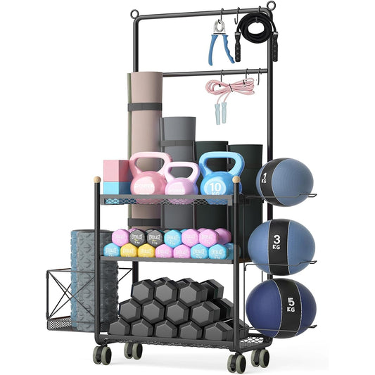 TORIBIO Home Gym Storage Rack 3 Tier Fitness Equipment/Training Equipment/Yoga Mat/Dumbell Storage Rack Easy to Assemble with Wheels Home Gym Rack Garage Yoga Studio Updated Style