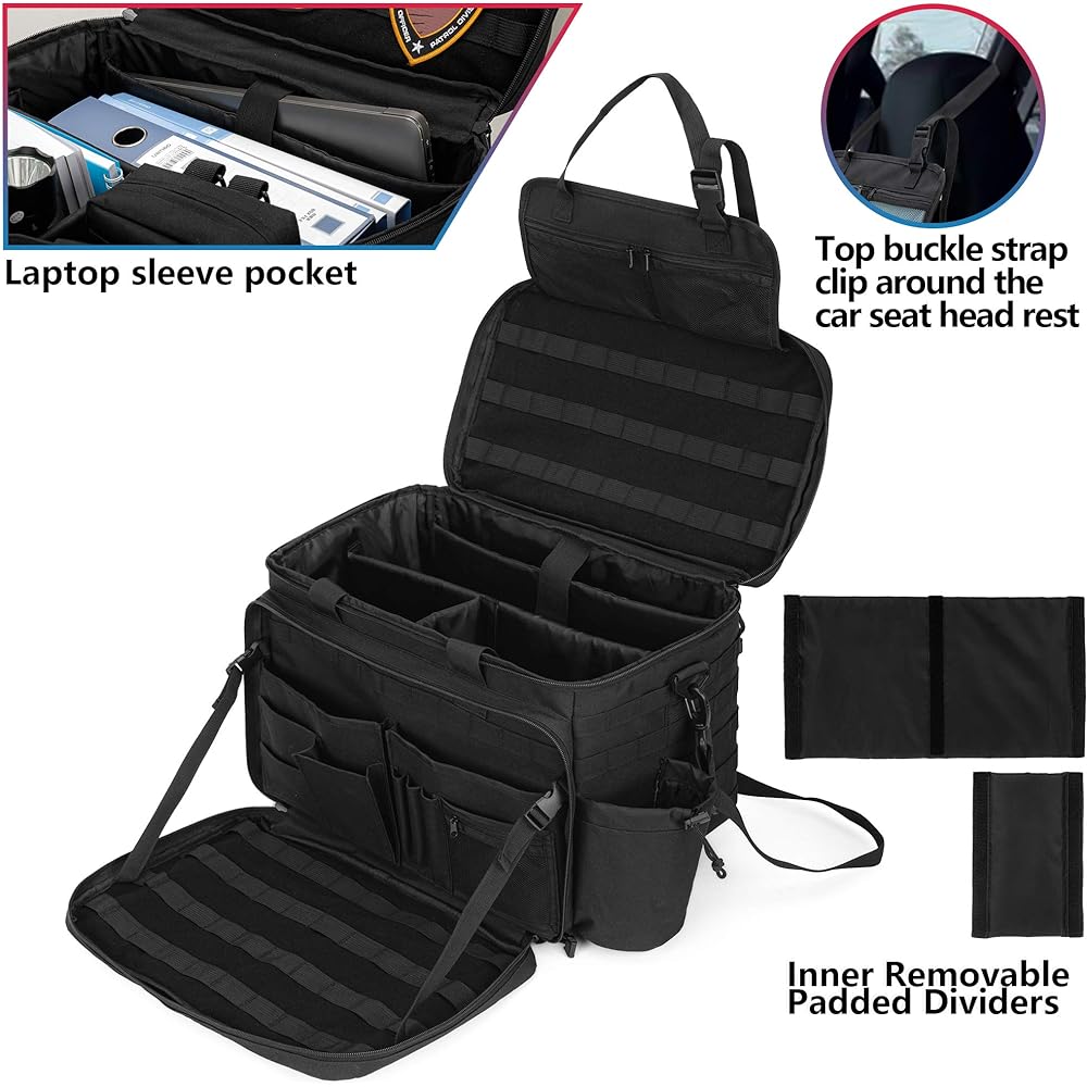 TRUNAB Patrol Bag Police Gear Bag Car Front Seat Organizer Police Police Military Duty Bag 15.6 inch Lap Top Sleeve Cup Holder MOLLE Strip Vehicle Passenger Seat