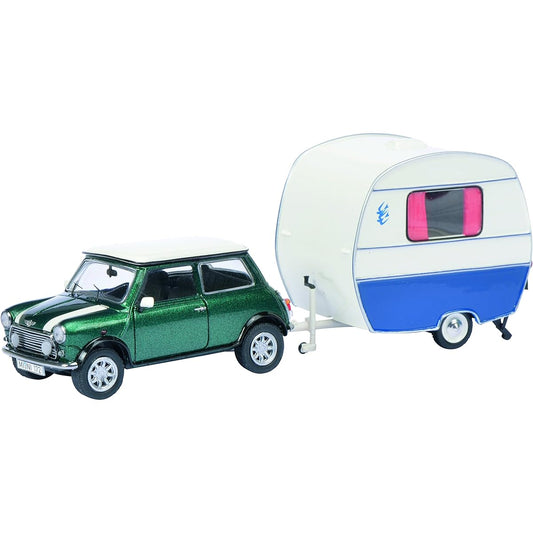 Schuko 1/43 scale Mini Cooper with trailer Knaus Schwalbennest 450241500