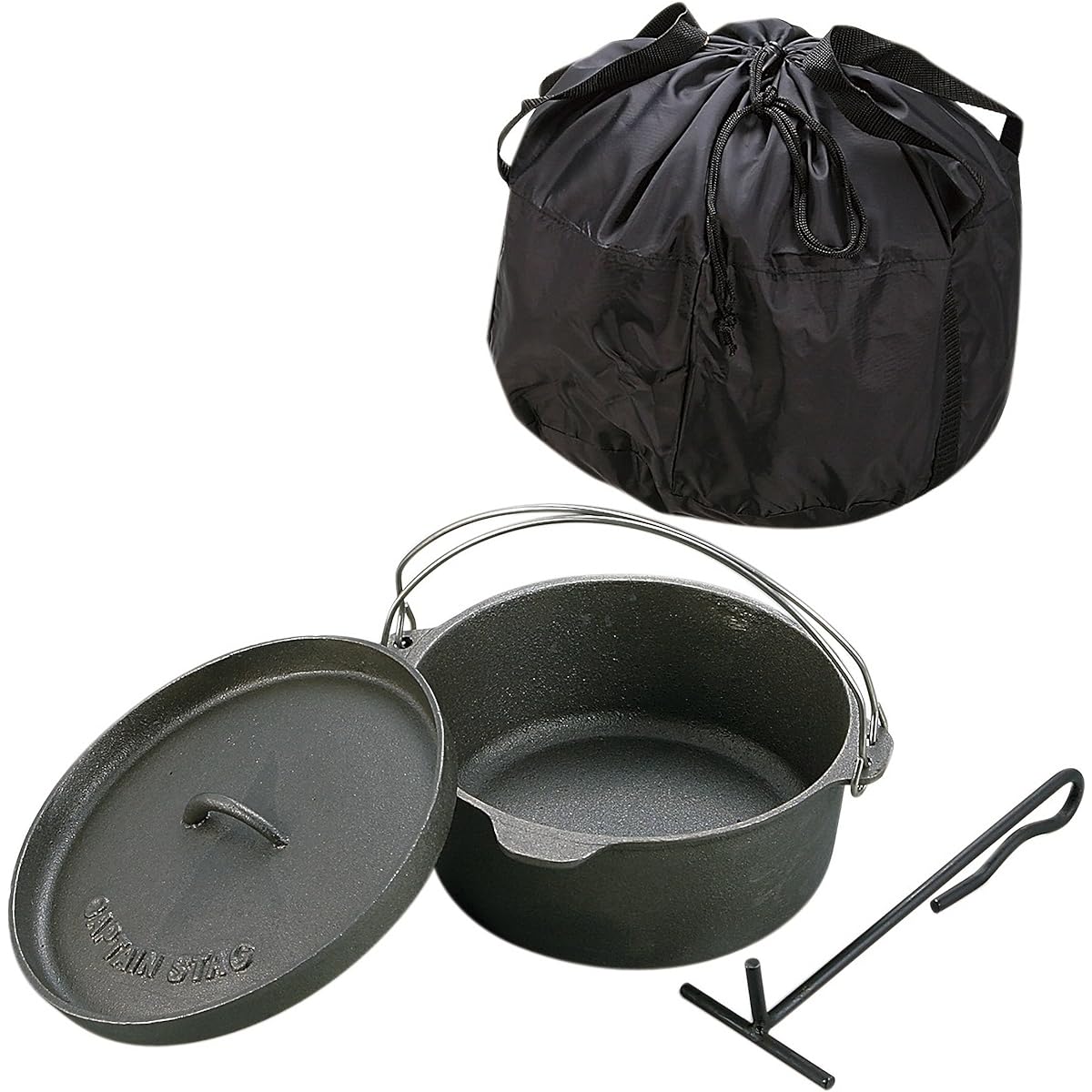 CAPTAIN STAG Dutch oven set, cast iron, no seasoning required, lid lifter and storage bag included