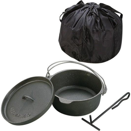 CAPTAIN STAG Dutch oven set, cast iron, no seasoning required, lid lifter and storage bag included