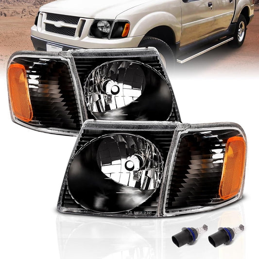 AMERILITE Replacement Headlight 2001-2005 Ford Explorer Sports/Sport Truck Crystal Black Corner With Lamp Pair Pair Seats and Ride seat side