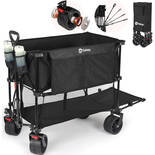 Sekey 2 Tier [320L [10cm Width Extra Thick No-Puncture Tires] Carry Wagon, Open Back, Suitable for Long Items, Load Capacity 120KG, Camping Cart, Compact, Foldable, One-touch Convergence Type, Outdoor Wagon, Camping, Events, Sports Days, Black