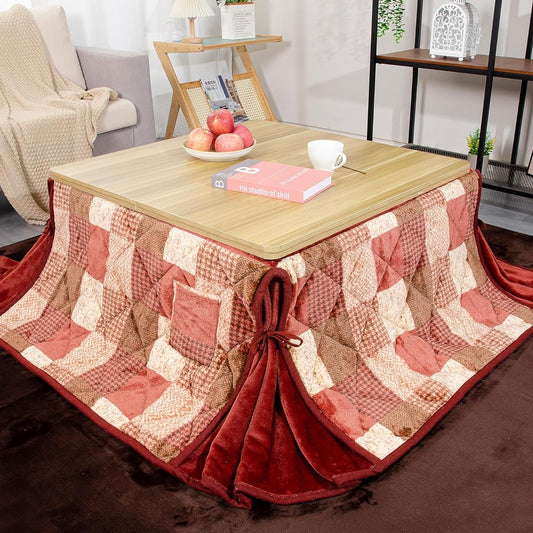 JEMA Kotatsu Futon, Space Saving Kotatsu Comforter, Square Kotatsu Futon, Slit Design, Washable, Flannel Fabric, Stylish, Flannel, Warm, Smooth, 180x180cm, Check Red
