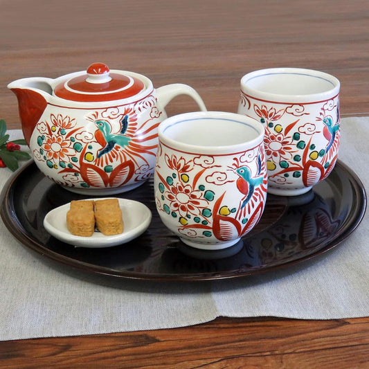 Pair teacup teapot set Kutani ware red gosu pottery brand Japanese tableware made in Japan