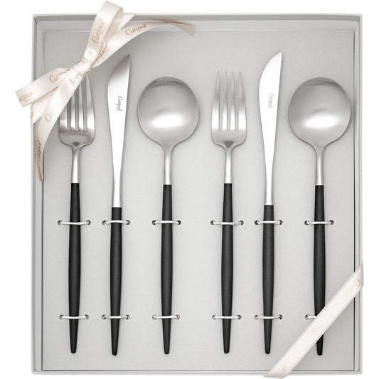 Genuine Cutipol GOA Black/Matte Silver Dinner (Knife/Fork/Spoon 2 each) 6-piece set with genuine ribbon hanger in white presentation box