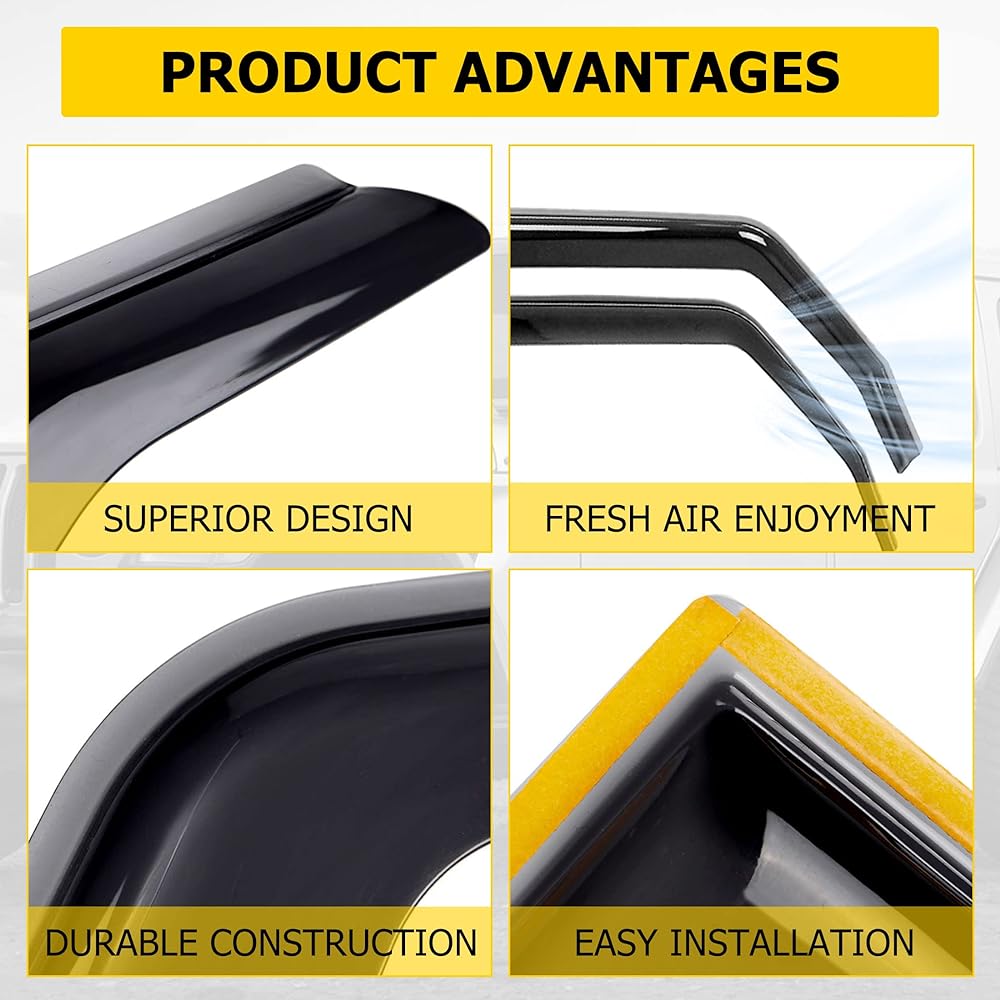 AUXMART Side Windowy Frontor Wind Rain Shade Vizer Guard 4 pieces 2007-2017 4 Doory Prangler JK Vent Vizer Windowerin Guard JK Wrangler 4 Door 2007-2017 (not for JL)