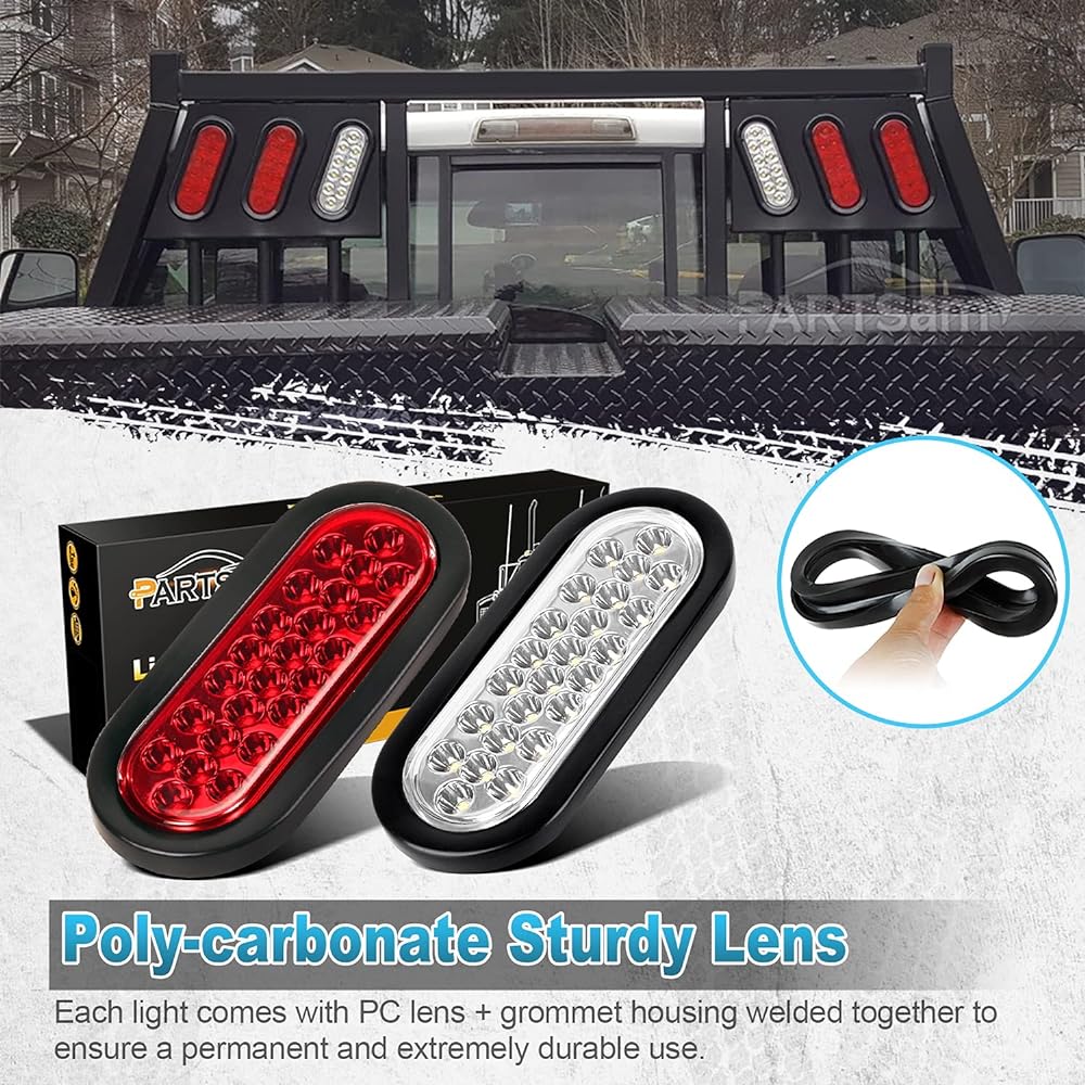 PARTSAM 2x Red + 2x White 6 inch 24 LED Oval Start Top Top Tal Light Brake Backup Reverse Light Kit Track Truck Truck RV Camper Waterproof 12V Sealed 6 -inch elliptical LED Trailer Tail Light Glemon Mount