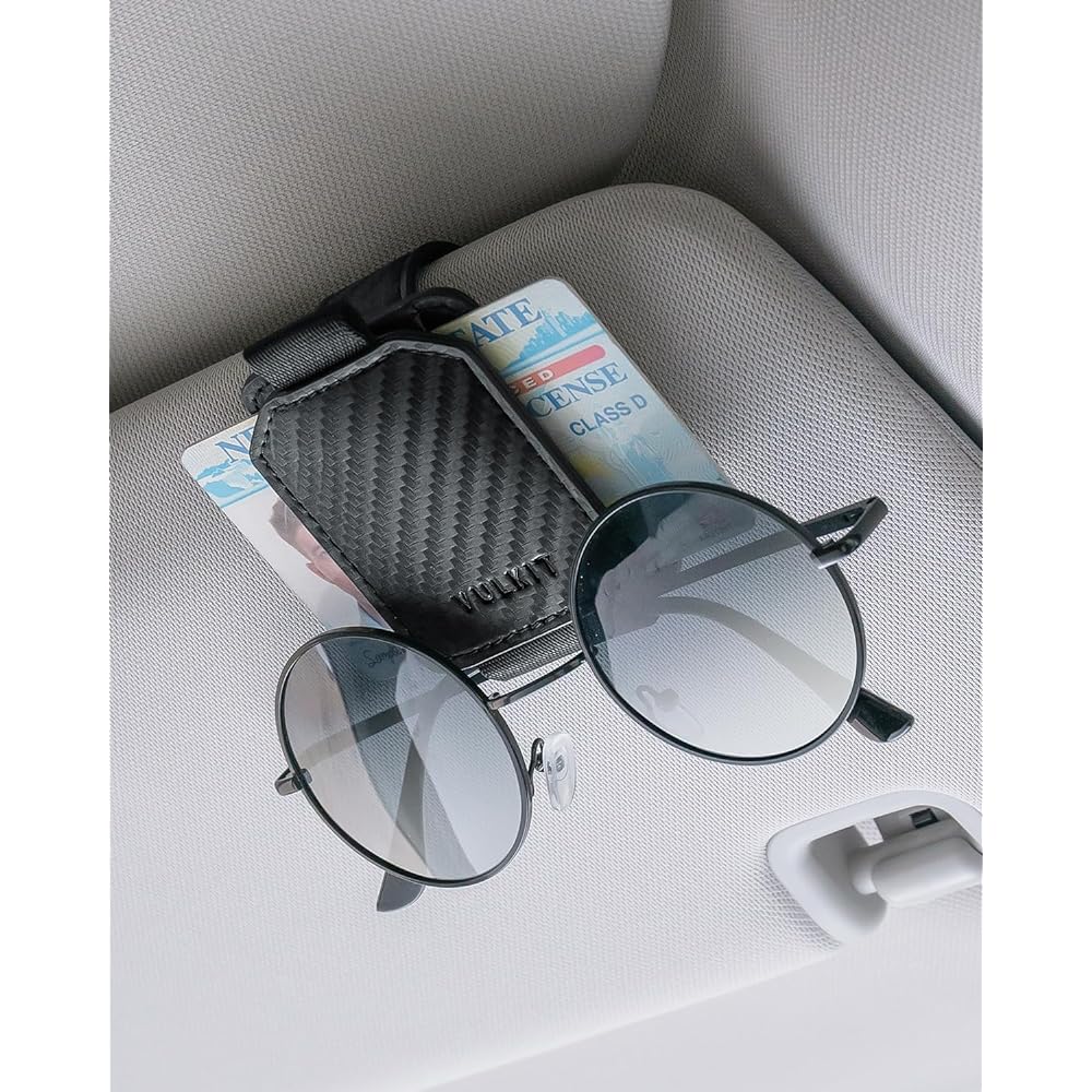 VULKIT Sunglasses Holder Magnetic Leather Sunglasses Card Clip Glasses Hanger Mount Car Viser Accessories Automotive Travel, CF-Black