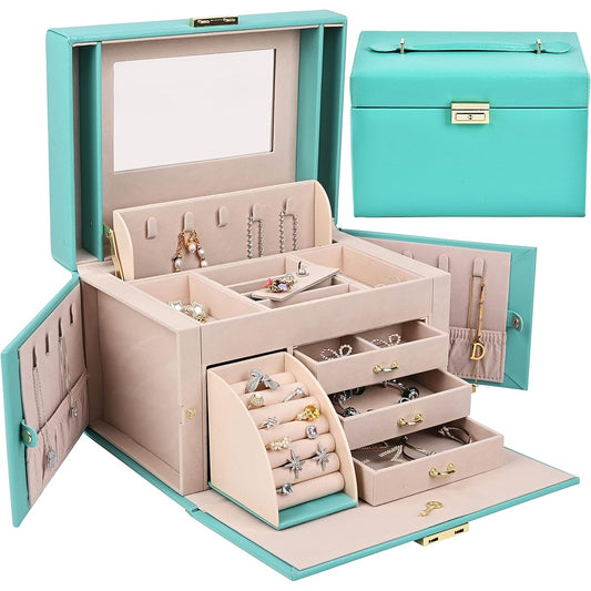 SANSREPONSE Jewelry Box with Lock Luxurious High-Class Accessory Case Jewelry Storage Jewelry Box with Mirror Earrings Necklace Ring Holder (M-Tifa Blue)