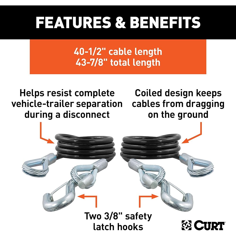 CURT 80136 43-7/8 inch vinyl coating trailer safety cable 3/8 inch snap hook broken intensity 3,500 pound 2 packs