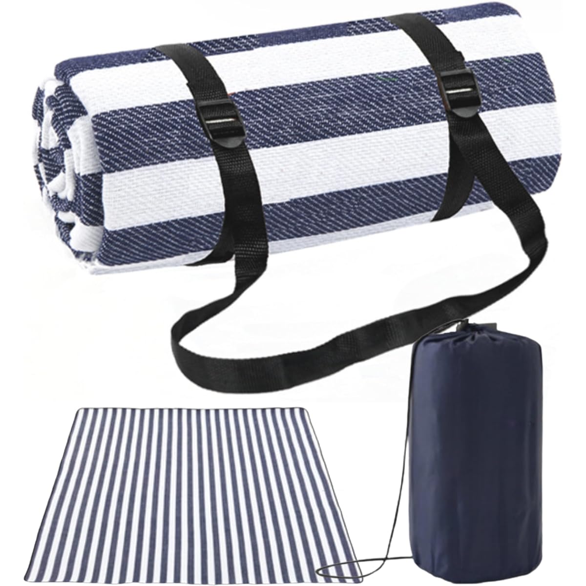 Thick Picnic Sheet, Large, Compact, 200cm x 200cm, Waterproof, Moisture Proof, Foldable, Outdoor, Easy to Carry, Stylish, Sleeps 2 Adults, Comes with Bag, Can Be Used in All Seasons (Stripe Pattern (Navy))