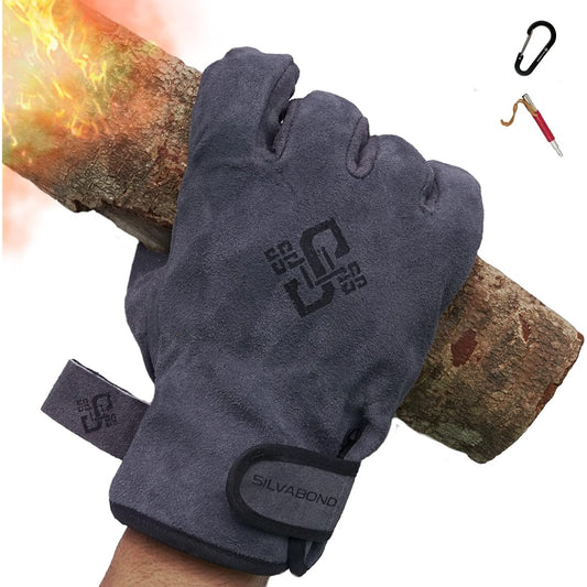 [SILVABOND] Heat Resistant Gloves, Camping Gloves, Soft Genuine Leather, Japanese Heat Resistance Test Class 2 Certified, Heat Resistant 3 Layer Structure, Outdoor, Bonfire, BBQ, Cold Weather Gloves, Unisex, Carabiner