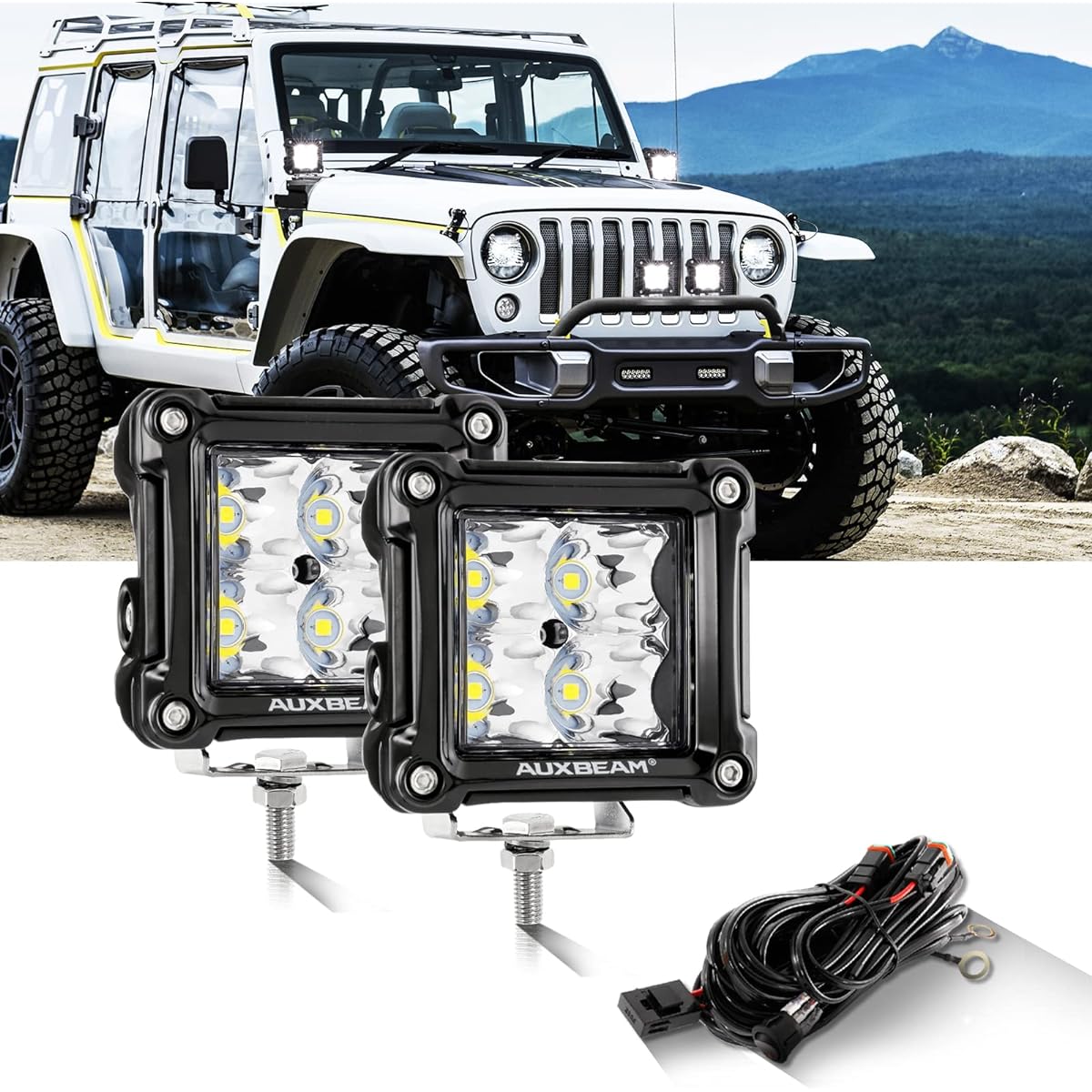 AUXBEAM 3 inch LED LED LED Black Bumper Border Square Drying Light Spot Light 20W 2W 046 Harness Set for Track Boat Jeep