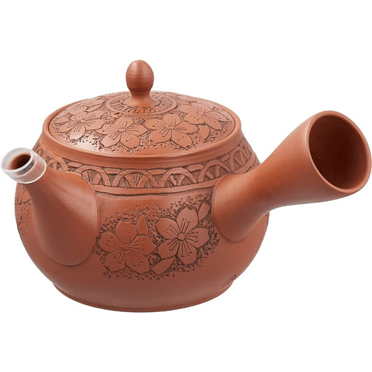 Yamakiikai Teapot Brown 230cc Shoki Vermillion Cherry Blossom Carving Teapot M41