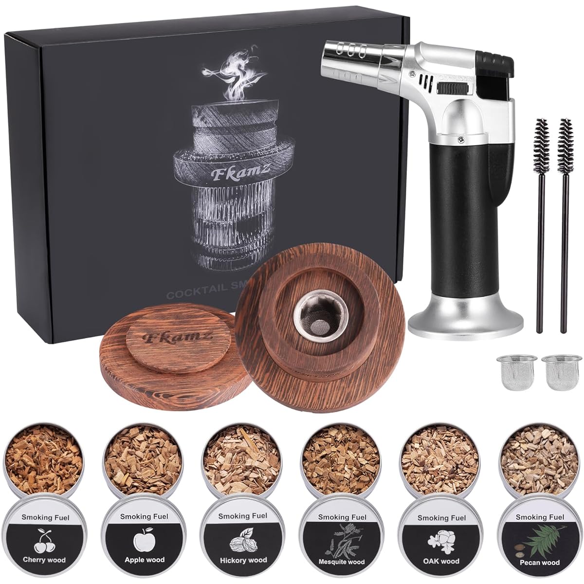 Fkamz Whiskey Smoker Kit with Torch Cocktail Smoker Kit 6 Flavor Wood Chips Old Fashioned Drink Smoker Infuser Kit Gift for Men (No Butane)