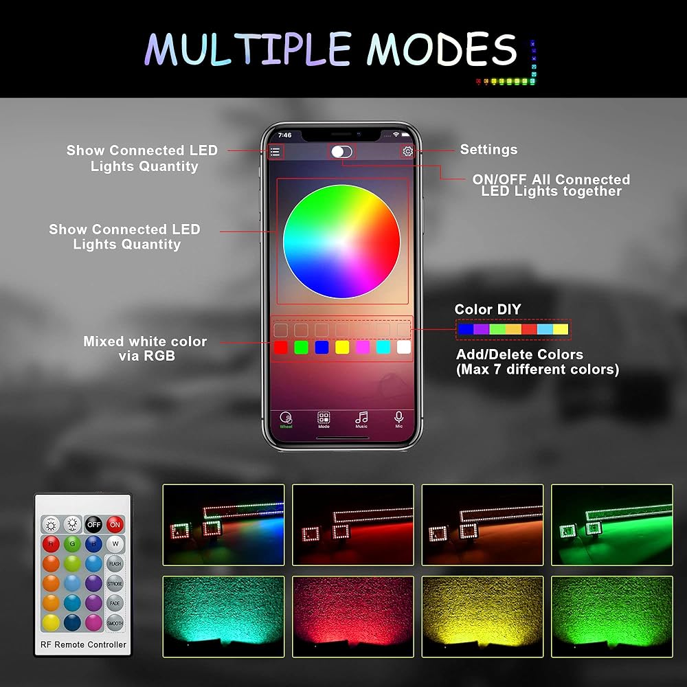 FEELON 22 inch curved RGB LED light bar 2X 4 flood LED pod tracking RGB HALO 16 color off -road driving fog switch with wiring harness