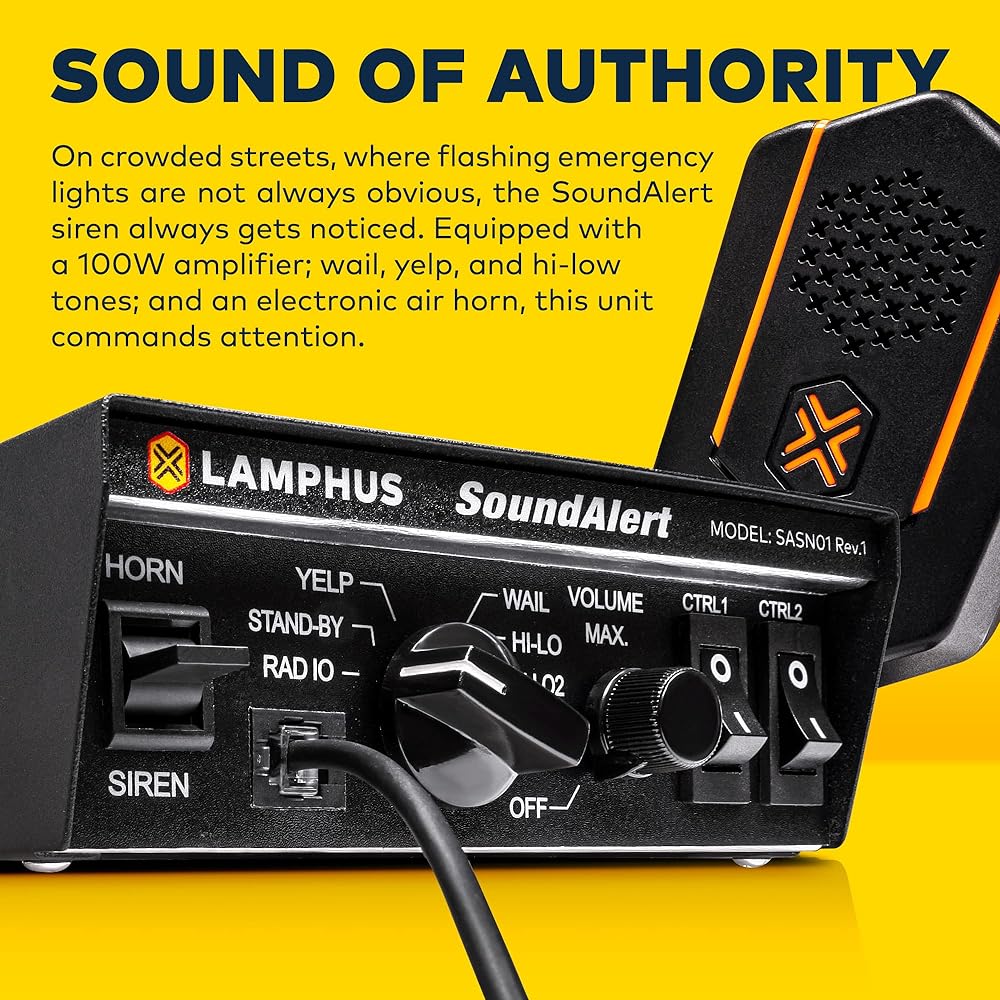 LAMPHUS Soundalert 100W Emergency Police Siren Kit [118-124DB Slim Speaker] [2 x 16A Switch Control] [Hands Free Air Horn] [PTT Mike] [Radio Revival] Warning Emergency PA System Track Car