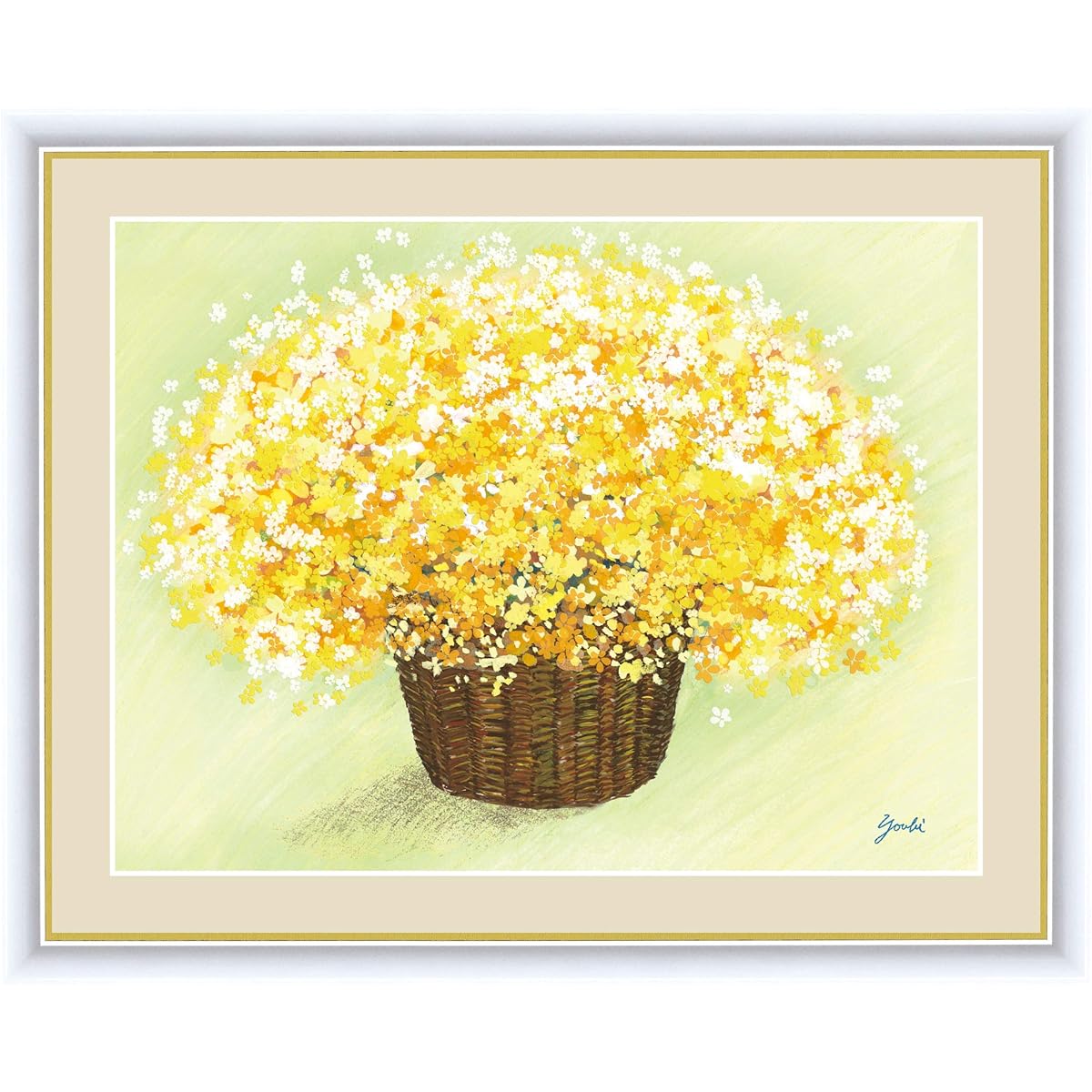 Framed Painting Happiness Bouquet by Hiromi "Bright Yellow Bouquet" Contemporary Artist Feng Shui Interior Art Flower (F6/52×42cm, Yellow)