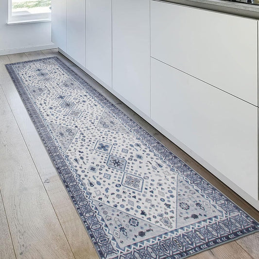 u-living Kitchen Mat 240 Washable Kitchen Mat Stylish Corridor Carpet Persian Rug Style 60x240CM Fluffy Memory Foam Floral Pattern Rug Carpet Anti-Slip Water Repellent Dust Mite Resistant Odor Resistant Compatible with Floor Heating Blue