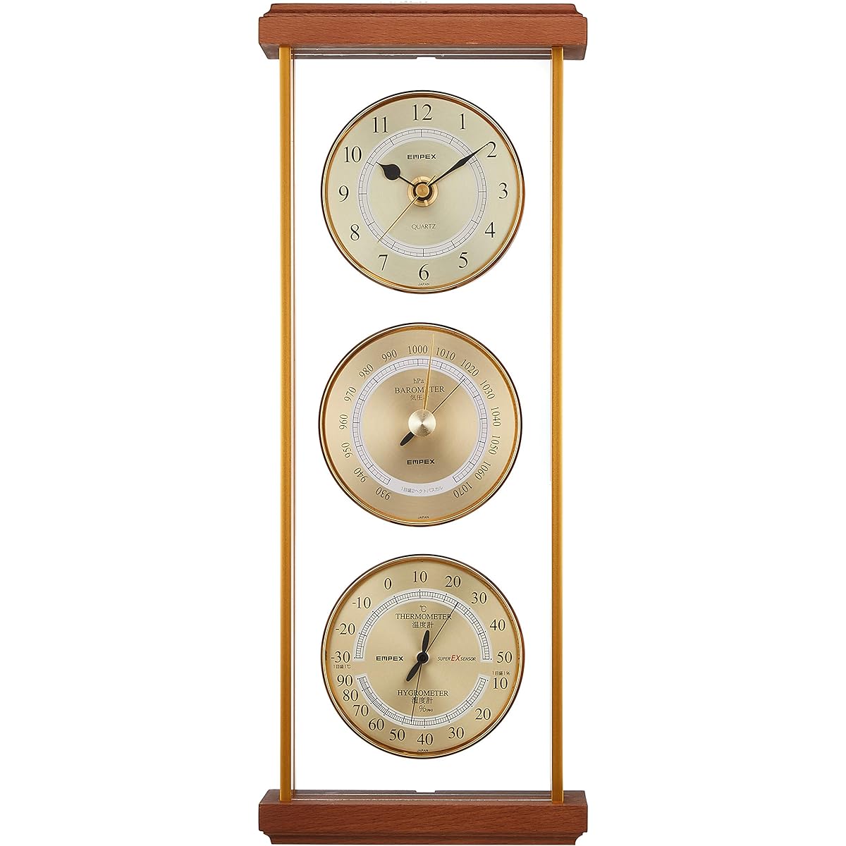EMPEX Weather Meter Temperature Hygrometer Super EX Gallery Weather Meter Temperature Pressure Humidity Clock Display Stand Made in Japan Brown EX-743 36x14.3x5.5cm