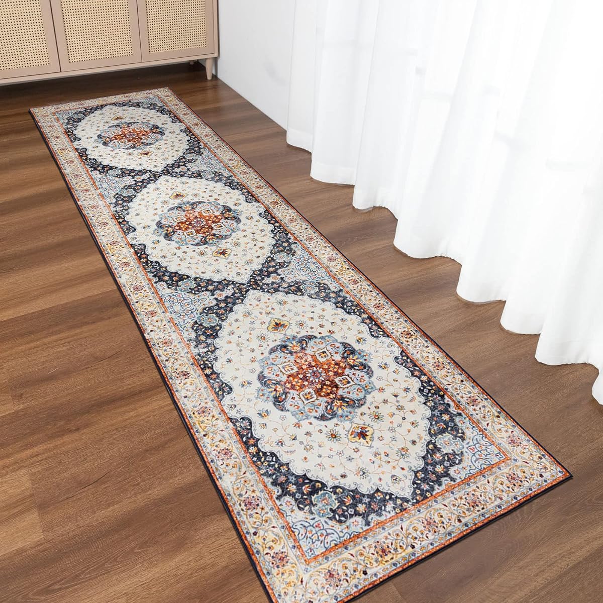 u-living Carpet 3 Tatami Persian Rug Style Washable 160x230CM Floral Pattern Rug Mat Fluffy Thick Anti-Slip Beige Water Repellent Dust Mite Resistant Odor Resistant Compatible with Floor Heating