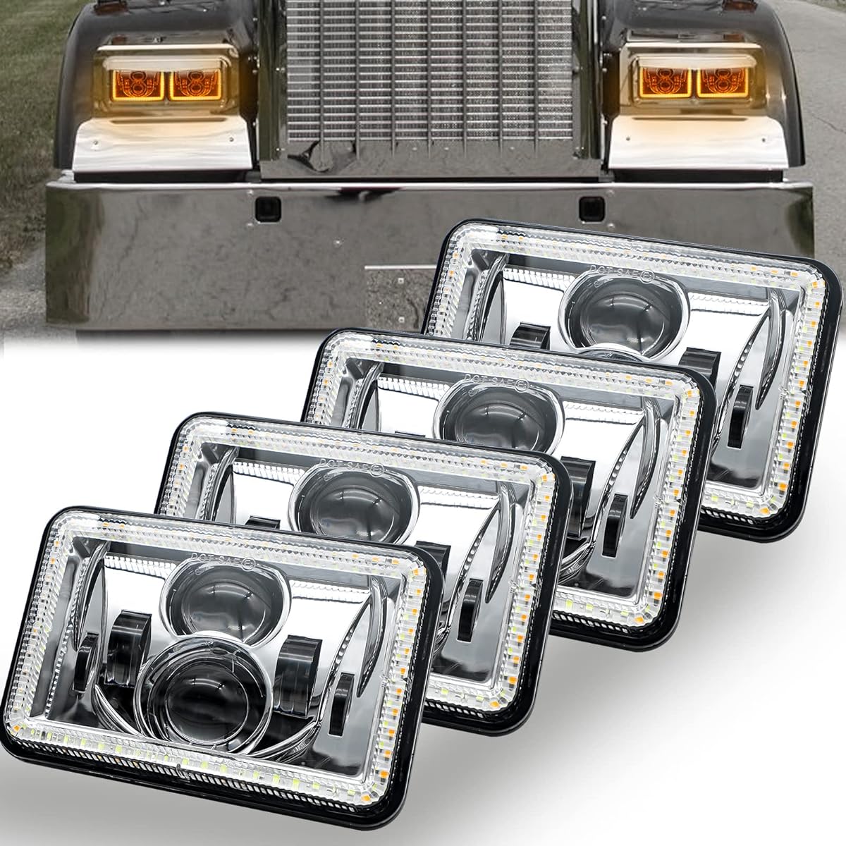 Mayello 4x6 LED Headlight DOT approval HI/LO Sealed Beam DRL Amber Winker Light replacement Assembly H4652 H4656 H4656 H4656 H6656 H6545 FREIGHTLINER PeterBilt Kenwort Kenwort compatible Chrome