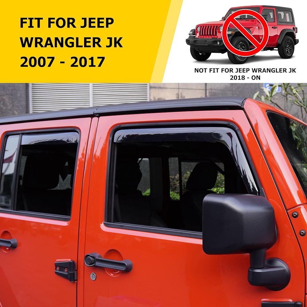 AUXMART Side Windowy Frontor Wind Rain Shade Vizer Guard 4 pieces 2007-2017 4 Doory Prangler JK Vent Vizer Windowerin Guard JK Wrangler 4 Door 2007-2017 (not for JL)