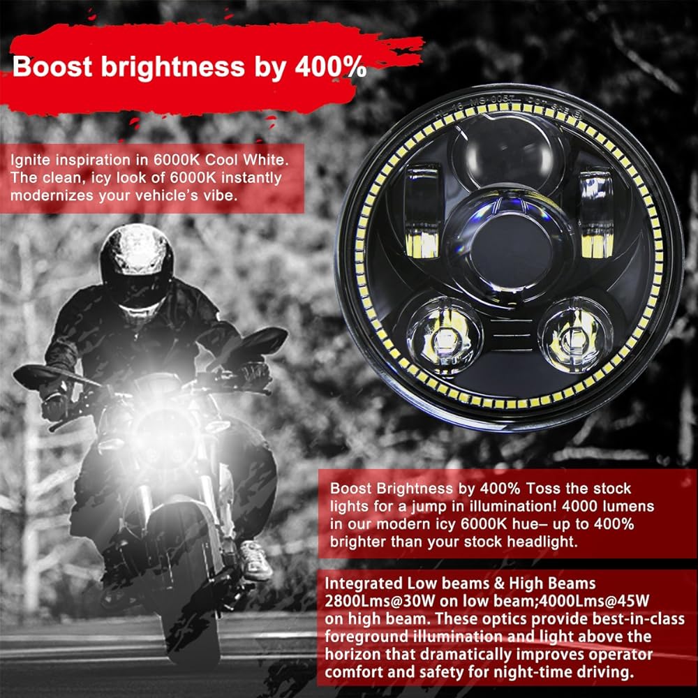 Wisamic 5-3 / 4" 5.75" Headlight LED - Compatible with Halo DRL Halo Black
