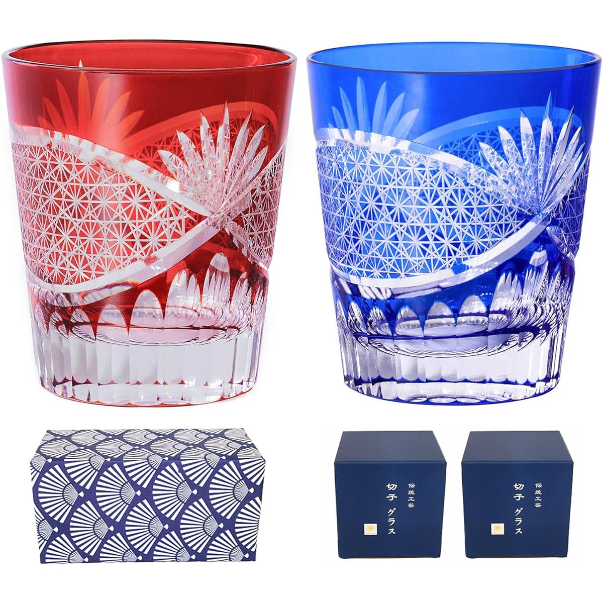 FONYUHUA Kiriko Glass Pair Rock Glass Stylish Chrysanthemum Tsunagi Pattern Gift Set Alcohol Sake Beer Celebration Wedding Gift 60th Birthday Gift Father's Day Present Gift Popular 240cc (2 pieces)