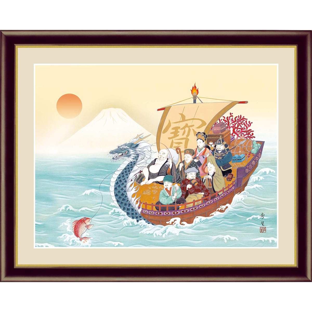 Art Framed Lucky Painting Ayu Kitayama "Seven Lucky Gods" Japanese Painting Framed Interior Art (F6/52 x 42cm)