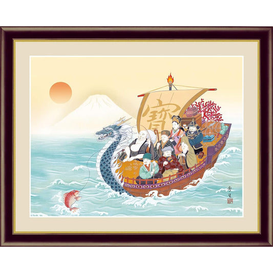Art Framed Lucky Painting Ayu Kitayama "Seven Lucky Gods" Japanese Painting Framed Interior Art (F6/52 x 42cm)
