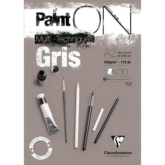 Clairefontaine Paint-on A2 Pad Gray 30 sheets 250g/㎡ Mixed media paper PEFC certified Acid-free ISO9706 standard Watercolor Oil Pastel Acrylic Ink Pencil Clairefontaine cf975811