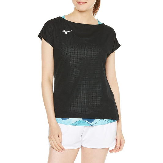 Mizuno 72MAA202 Women's Badminton Wear, Layered Game Shirt, Short Sleeve, Sweat Absorbent, Quick Drying