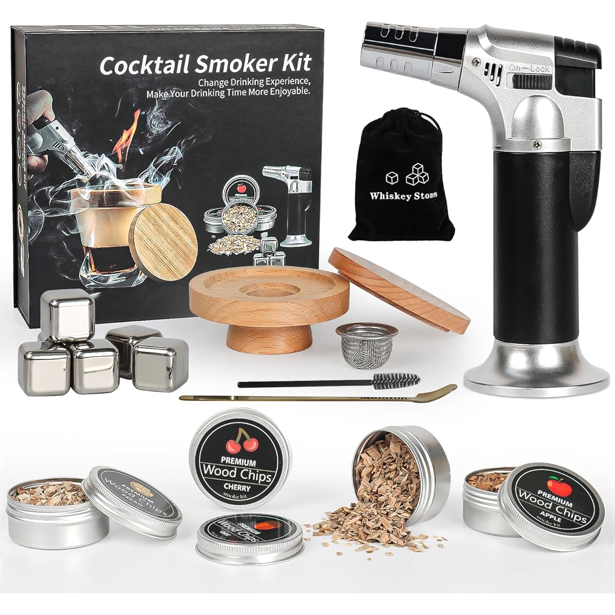 QuiExact Cocktail Smoker Kit 16 Piece Set with Torch Ice Cubes 4 Types of Wood Chips Smoker Whiskey Cocktails Wine Unmelting Ice Stainless Steel Ice Bar Men Birthday Father's Day Present Gift Celebration Cocktail Smoker Smoking Drink Lover Old Fashioned
