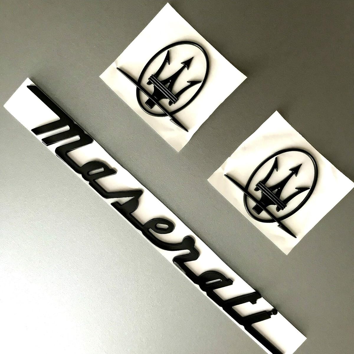 CMAOS 3 -piece set mat Black emblem BMASERATI RH & LH side trunk logo name plate (matte black)