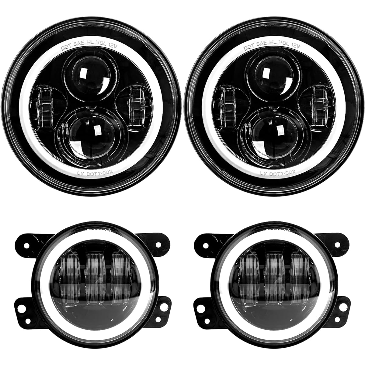 Halo Ring 97-2017 JK LJ Tj for 4" LED Fog Light Jeep Wrangler with White DRL / Amber Turn Signal + 7" Jeep LED Headlight + White DRL