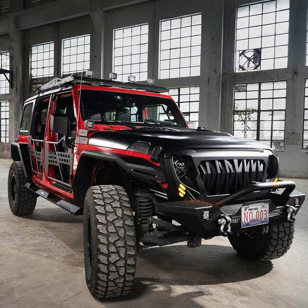 HOKE ROAD JL/JT Front Grill Cover Shak Grill Guard Jeep Wrangler JL JLU & GLADIATOR JT 2018-2024 (with Amber Signal Light)