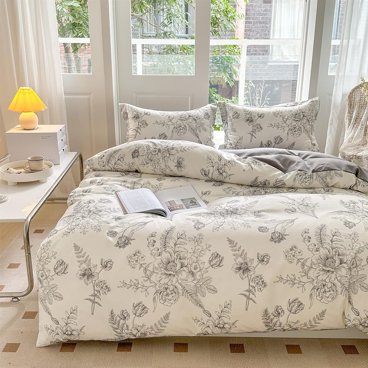 BUKAROOM [Duvet Cover Set Single 3 Piece Set] Pillowcase Duvet Cover Fitted Sheet Bedding Cover Floral Pattern Stylish Black (Hover Cover 150*210cm)
