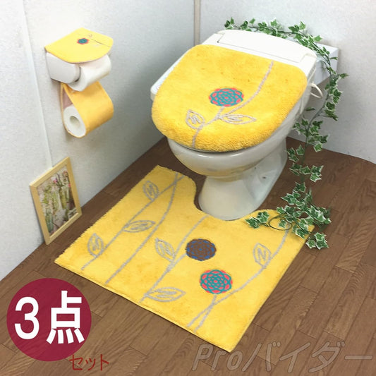 Toilet Mat Set 3 Pieces Pro Bider Etofu Scandinavian Toilet Mat + Washing Heating Type Lid Cover + Paper Holder Cover Yellow Money Luck Yellow