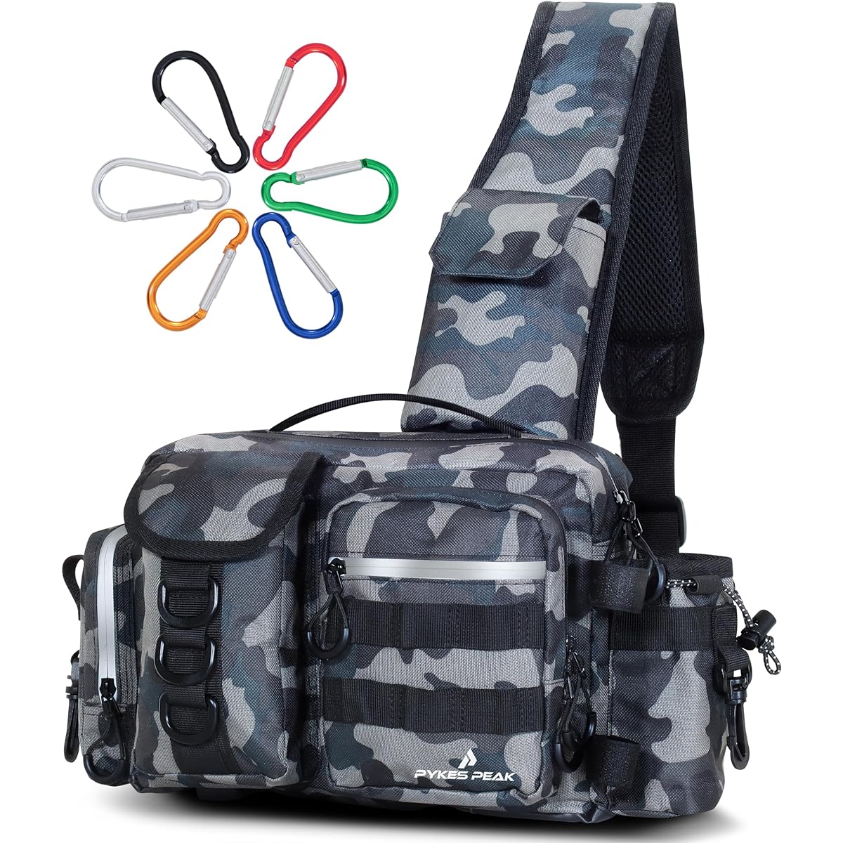 PYKES PEAK Fishing Bag Fishing Bag Tackle Bag Langan Bag 2 Sizes 5 Colors Waterproof Zipper Large Capacity 6 Carabiners Fishing Shoulder Bag M Size (Camo Gray)